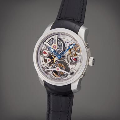 View full screen - View 1 of Lot 120. Double Tourbillon 30° Technique | A platinum skeletonized double tourbillon wristwatch with power reserve indication, Circa 2010.