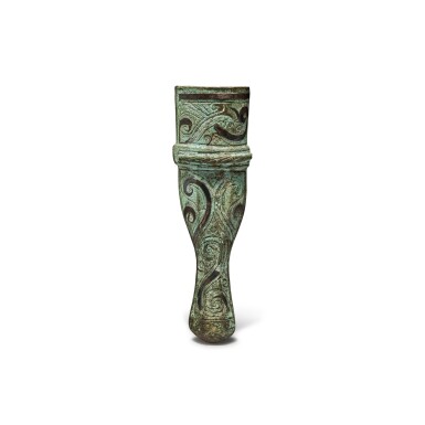 View full screen - View 1 of Lot 25. An archaic silver-inlaid bronze ferrule, Eastern Zhou dynasty, Warring States period | 東周 戰國 銅錯銀卷雲紋鐏.