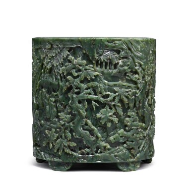 View full screen - View 1 of Lot 3606. An important imperial inscribed Khotan spinach-green jade 'Immortals of Mount Fantong' brushpot Yuti mark and period of Qianlong, dated to the yimao year, corresponding to 1795 | 清乾隆 御製和闐碧玉題詩「樊桐仙侶」筆筒 《乾隆乙卯夏御題》款 「德充符」印.