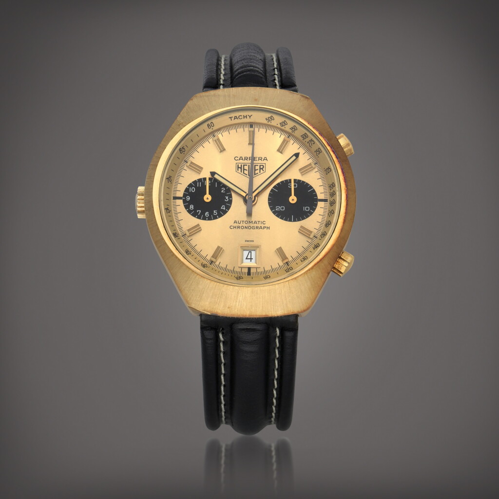 View full screen - View 1 of Lot 481. Carrera, Reference 110.515CHN | A yellow gold plated and stainless steel chronograph wristwatch with date | Circa 1975.
