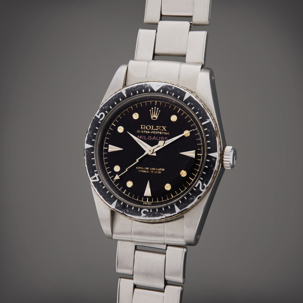 View full screen - View 1 of Lot 75. Reference 6541 Milgauss | A stainless steel anti-magnetic wristwatch with honeycomb dial and bracelet Circa 1958.
