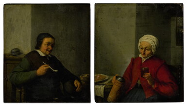 View full screen - View 1 of Lot 621. A man smoking in an interior; A woman holding a jug and a cup.