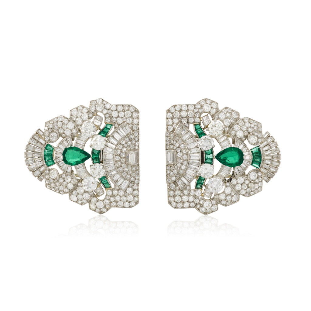 View full screen - View 1 of Lot 41. Gem-set and Diamond Double Clip Brooch.