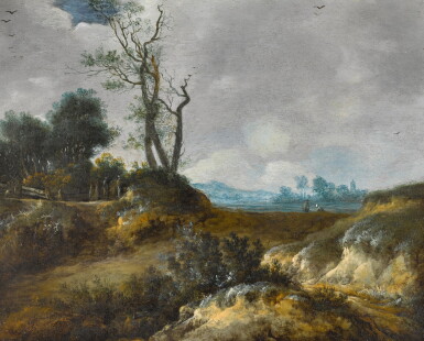 View full screen - View 1 of Lot 115. A dune landscape with peasants by a fence.