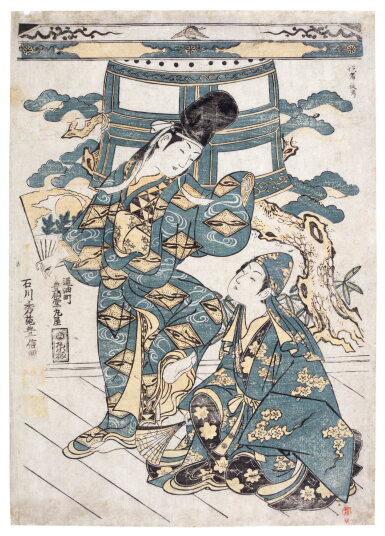 View full screen - View 1 of Lot 1. Ishikawa Toyonobu (1711-1785) | Actors performing in the play The Maiden at Dojoji Temple (Musume Dojoji) | Edo period, 18th century.
