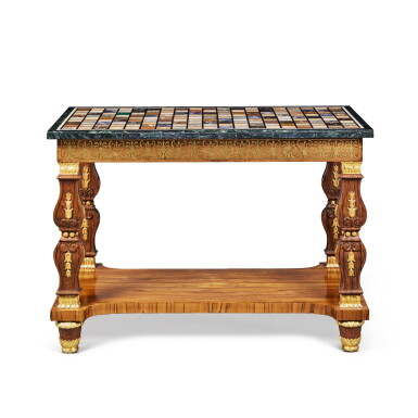 View full screen - View 1 of Lot 463. A George IV Style Parcel-Gilt and Brass Inlaid Rosewood Specimen Marble Center Table.