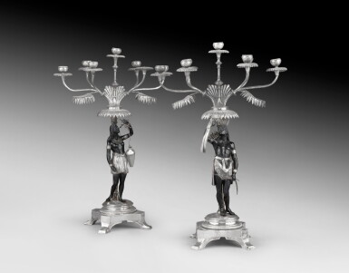 View full screen - View 1 of Lot 64. A pair of large silver partially lacquered seven-light candelabra, unmarked, probably South America, circa 1830.