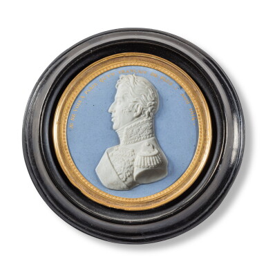 View full screen - View 1 of Lot 97. A Sèvres blue-ground portrait medallion of Charles X, 1814 | Médaillon de Charles X en porcelaine de Sèvres, vers 1815.