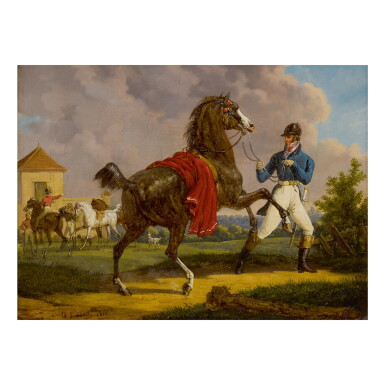 View full screen - View 1 of Lot 145. BERNARD ÉDOUARD SWEBACH | EQUERRY WITH HORSE OF LOUIS XVIII OUTSIDE THE ROYAL STABLES.