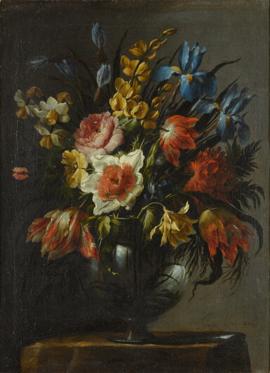 View full screen - View 1 of Lot 145. Still life of flowers, including tulips, iris and narcissi, in a glass vase.