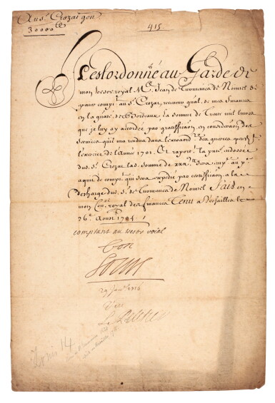 View full screen - View 1 of Lot 70. LOUIS XIV | document signed and inscribed ("bon, Louis"), about paying money to Antoine Crozat, 1704.