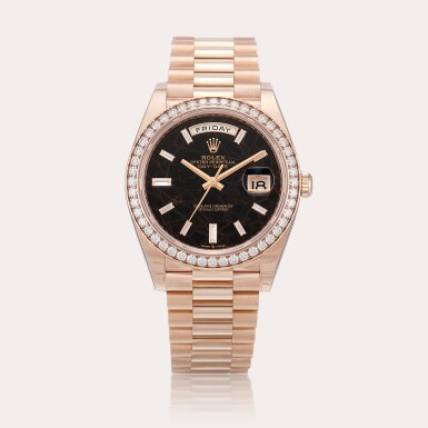 View full screen - View 1 of Lot 2129. Day-Date, Reference 228345RBR | An Everose and diamond-set wristwatch with day, date, eisenkiesel dial and bracelet, Circa 2023.