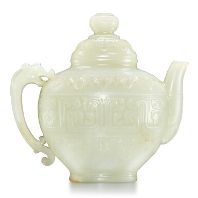 View full screen - View 1 of Lot 18. An archaistic white jade teapot and cover, Qing dynasty, 19th century | 清十九世紀 白玉雕仿古夔龍紋茶壺.