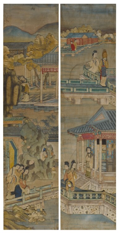 View full screen - View 1 of Lot 1063. A PAIR OF PAINTED TEXTILE RELIEF 'FIGURAL' PANELS, QING DYNASTY, 19TH CENTURY.