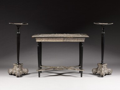 View full screen - View 1 of Lot 7. A suite of Louis XIV silver-mounted furniture, the silver French, circa 1670, by André Regnier and bearing the marks of Pierre Fourfault, the ebonised supports English, circa 1820.