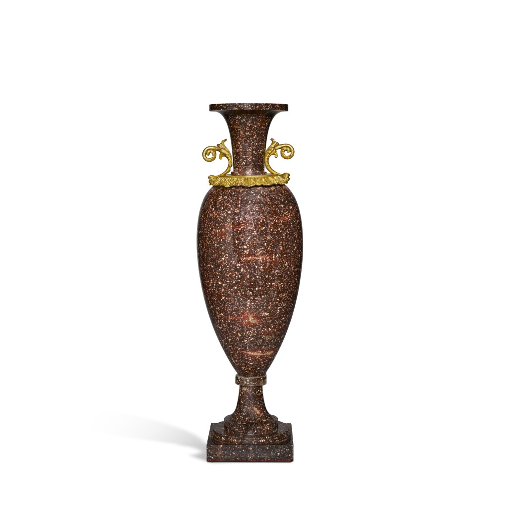 View full screen - View 1 of Lot 144. A Swedish Neoclassical Gilt-Metal Mounted Blyberg Porphyry Vase, Early 19th Century.