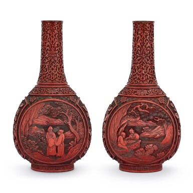View full screen - View 1 of Lot 740. A PAIR OF CINNABAR LACQUER VASES QING DYNASTY, 18TH - 19TH CENTURY | 清十八至十九世紀 剔紅錦地開光山林高仕圖長頸瓶一對.