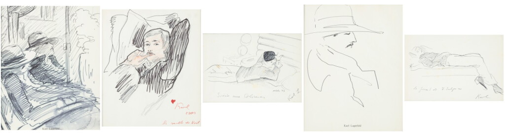 View full screen - View 1 of Lot 2042. Five portraits of Jacques de Bascher by Karl Lagerfeld, Christmas Eve, Nap at the columns, Profil portrait, Window reflexion, The recumbent of Saint Sulpice | Cinq portraits de Jacques de Bascher par Karl Lagerfeld, La veille de Noel, Sieste aux colonnes, Portrait de profil, Reflet à la fenêtre, Le gisant de Saint Sulpice.