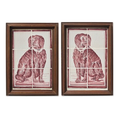 View full screen - View 1 of Lot 510. A PAIR OF FRAMED DUTCH DELFT MANGANESE TILE PANELS OF DOGS, 19TH CENTURY.