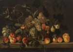 Still life of bunches of grapes and figs in a basket, together with a pumpkin, apples and pears on a stone ledge