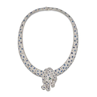 View full screen - View 1 of Lot 21. An Iconic Diamond, Sapphire, Emerald and Onyx 'Panthère' Necklace-Brooch Combination, France.
