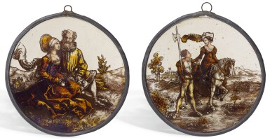 View full screen - View 1 of Lot 90. PAIR OF ROUNDELS WITH THE PROMISE OF LOVE AND LADY ON HORSEBACK AND A LANDSKNECHT.
