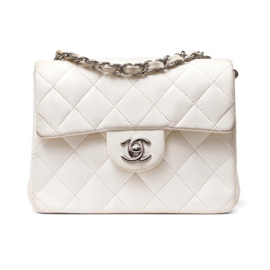 View full screen - View 1 of Lot 1039. White Quilted Lambskin Mini Square Flap Bag Silver Hardware, 2005-06.