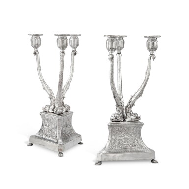 View full screen - View 1 of Lot 73. A pair of silver 3-light candelabra, Buccelatti, Milan, circa 1970 | Paire de chandeliers à 3 lumières en argent par Buccelatti, Milan, vers 1970.