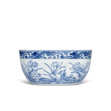 View full screen - View 1 of Lot 502. A blue and white 'lotus pond' bowl, Seal mark and period of Daoguang | 清道光 青花荷塘鴛鴦圖盌 《大清道光年製》款.