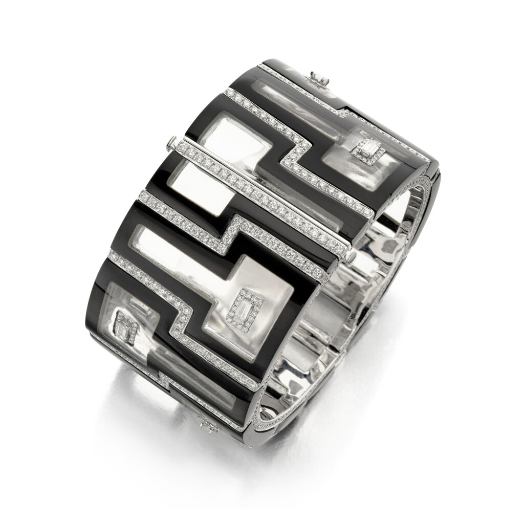 View full screen - View 1 of Lot 123. Rock Crystal, Black Jade, and Diamond Bangle-Bracelet.
