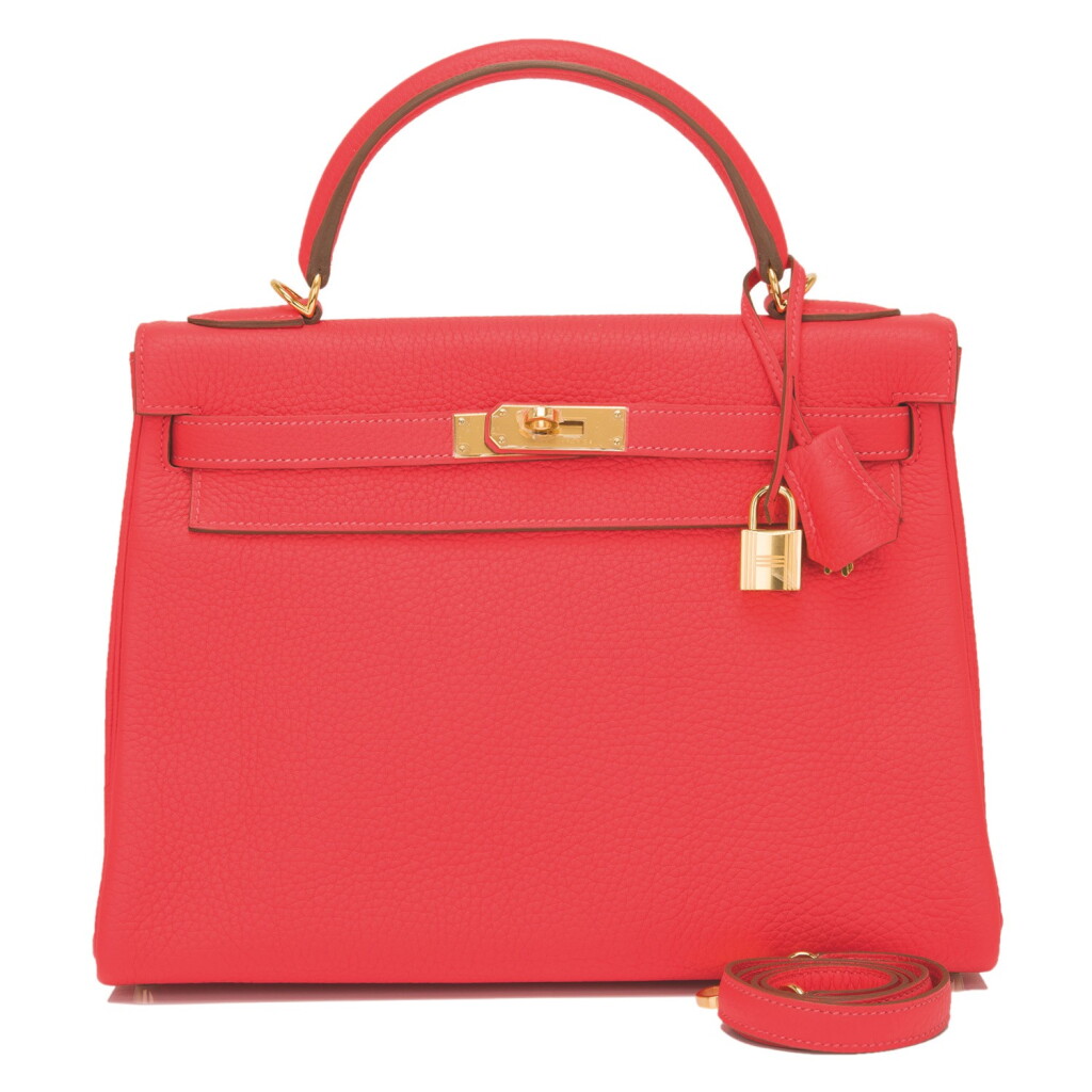 View full screen - View 1 of Lot 50. Hermès Rose Jaipur Retourne Kelly 32cm of Clemence Leather with Gold Hardware.