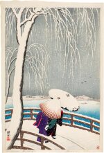 Ohara Koson (1877-1945) | Snow on Willow Bridge (Yanagibashi no yuki) | Showa period, 20th century