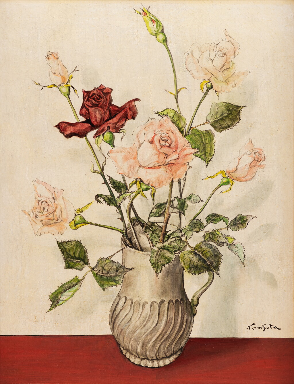 View full screen - View 1 of Lot 36. Bouquet de roses dans un vase d'étain.