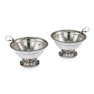 View full screen - View 1 of Lot 30. A PAIR OF GEORG JENSEN SILVER BERRY BOWLS, AND A PAIR OF SERVING SPOONS, COPENHAGEN, CIRCA 1930.
