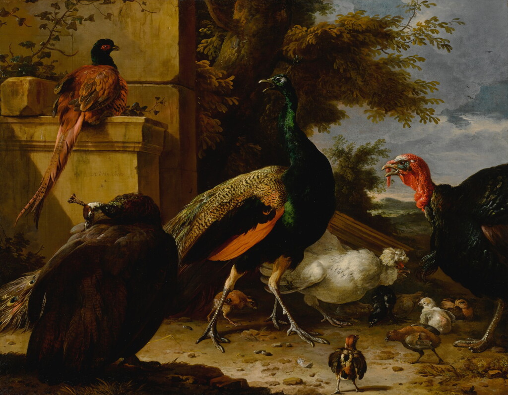 View full screen - View 1 of Lot 34. A peacock, pea-hen, pheasant, turkey, cockerel and chick by a wall, a landscape beyond.