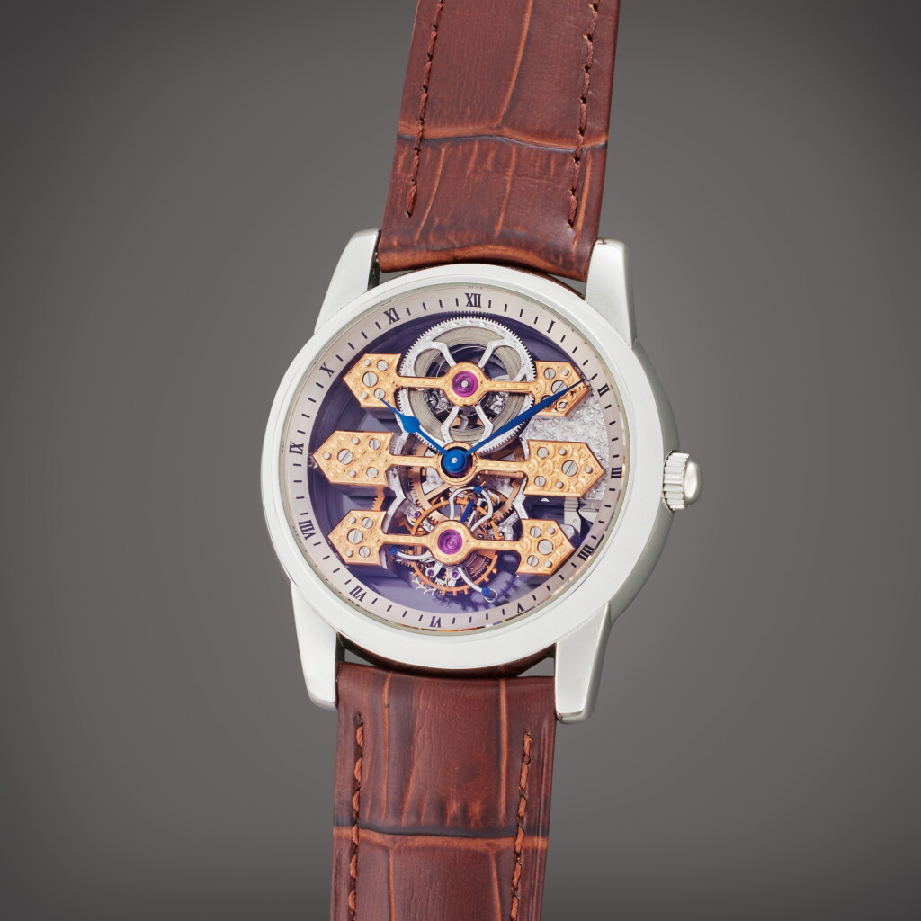 View full screen - View 1 of Lot 159. Reference 99050 Three Bridges Tourbillon | A platinum skeletonized tourbillon wristwatch, Circa 1990.
