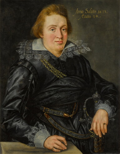 View full screen - View 1 of Lot 65. Portrait of a man wearing a black doublet with a white embroidered collar, his hand resting on a rapier.