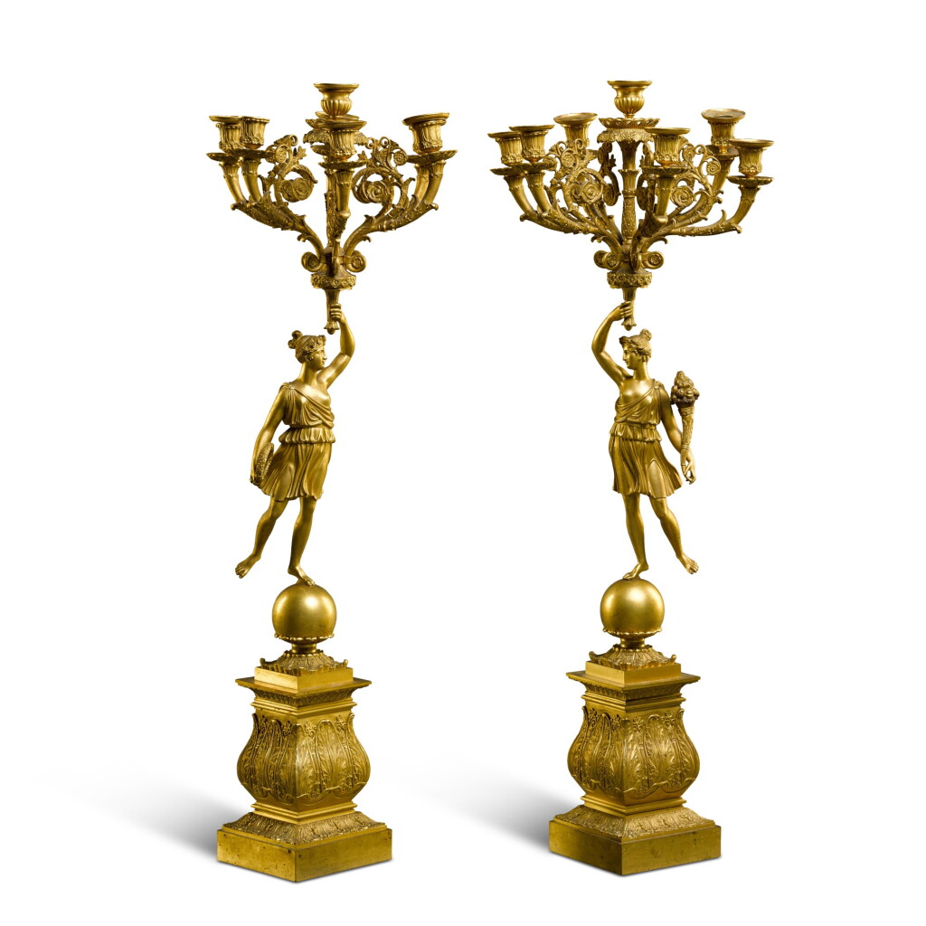 View full screen - View 1 of Lot 90. A pair of Restauration gilt-bronze seven-light figural candelabra, circa 1820.
