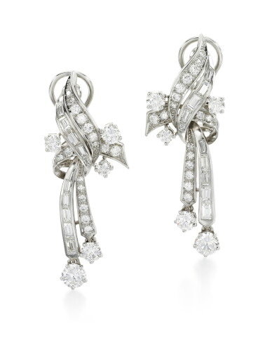View full screen - View 1 of Lot 314. PAIR OF DIAMOND EARRINGS.