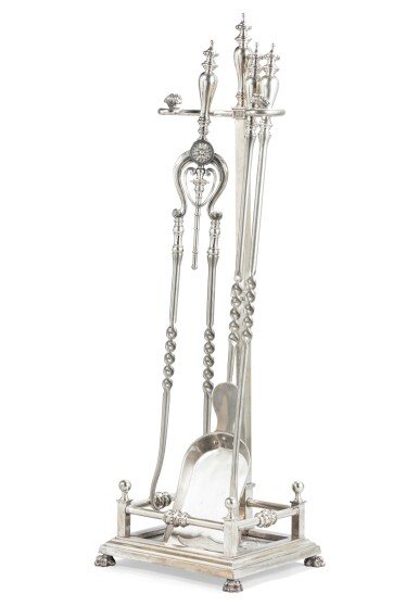 View full screen - View 1 of Lot 174. A monumental set steel fire tool set instrument, late 19th century | Nécessaire de foyer en acier poli, travail américain de la fin du XIXème siècle.