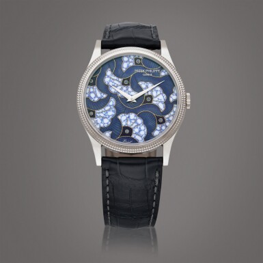 View full screen - View 1 of Lot 6. Calatrava Rare Handcrafts 'Wax print in blues', Reference 5177G-017 A white gold wristwatch with guilloché and cloisonné enamel dial Circa 2021 | 百達翡麗 | Calatrava Rare Handcrafts 'Wax print in Blues ' 型號 5177G-017 白金腕錶備交錯格狀飾紋及掐絲琺瑯錶盤,製作年份約 2021.
