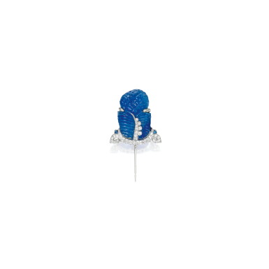 View full screen - View 1 of Lot 455. SAPPHIRE AND DIAMOND JABOT PIN, CARTIER | 藍寶石配鑽石別針,卡地亞.