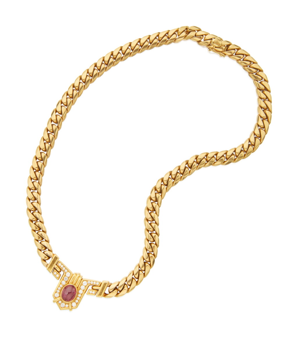 View full screen - View 1 of Lot 28. GOLD, RUBY AND DIAMOND NECKLACE, BULGARI.