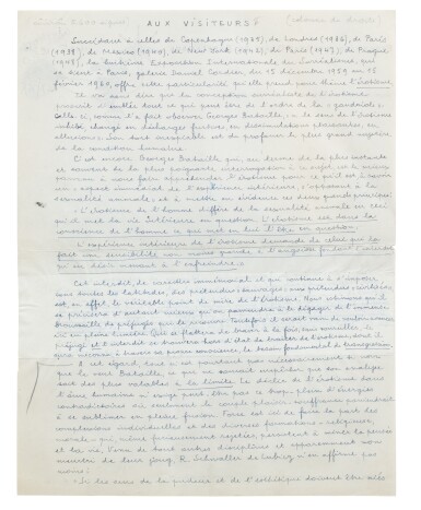 View full screen - View 1 of Lot 58. Manuscrit autographe signé, pour la 8e exposition internationale du surréalisme, consacrée à l'érotisme.