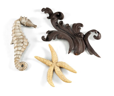View full screen - View 1 of Lot 2. Lot including a wrought iron foliage, a starfish, and a carved wood sea horse.