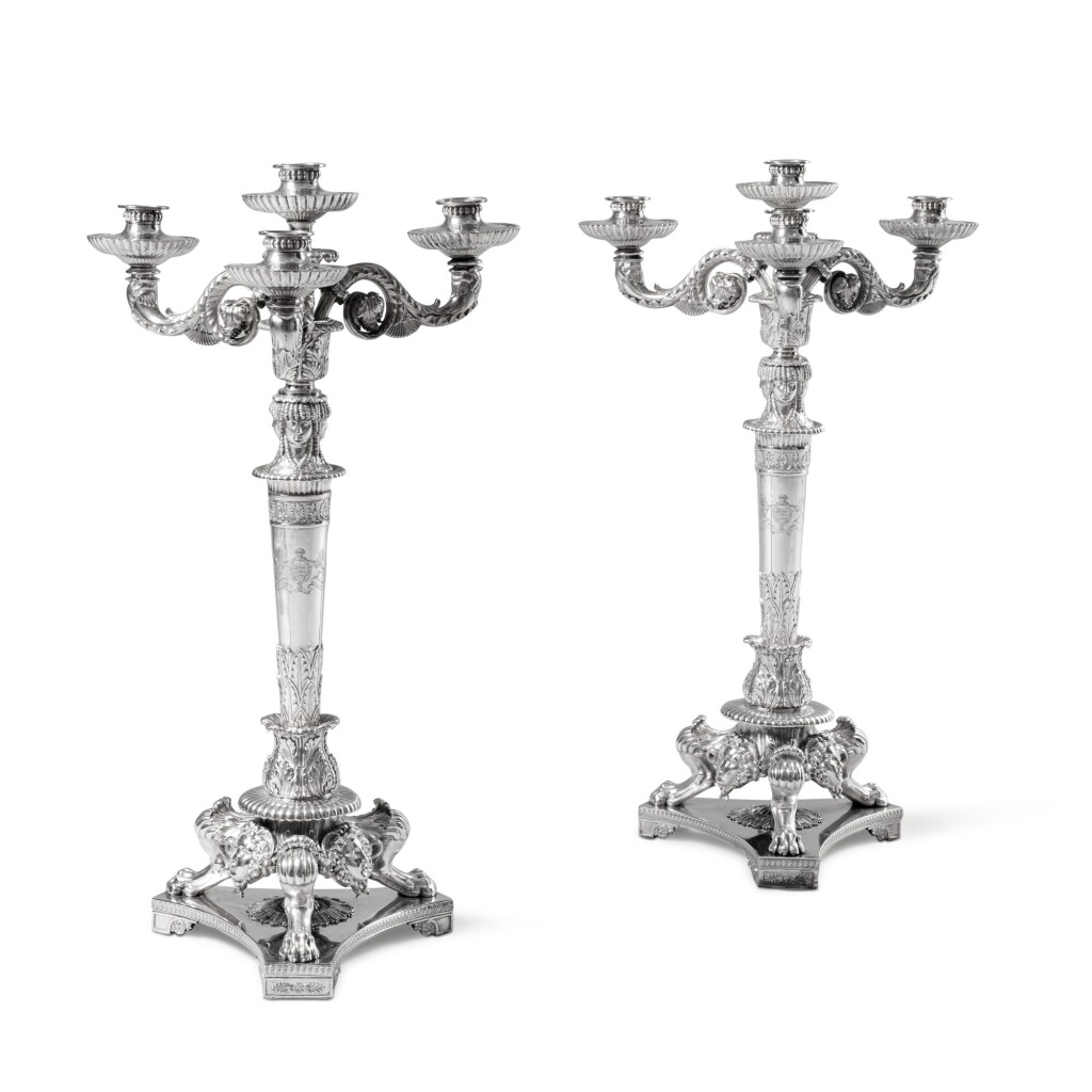 View full screen - View 1 of Lot 885. A pair of George III silver four-light candelabra from the Picton service, Paul Storr of Storr & Co., for Rundell, Bridge & Rundell, London, 1813.