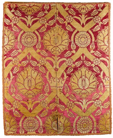 View full screen - View 1 of Lot 111. An Ottoman silk velvet and metal thread panel with rosettes, probably Bursa, Turkey, 17th century.