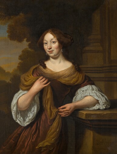 View full screen - View 1 of Lot 117. Portrait of a lady, standing three-quarter length, in a landscape.