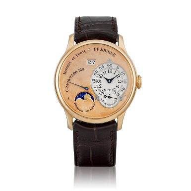 View full screen - View 1 of Lot 2159. Octa Lune | A pink gold wristwatch with date, moon phases, power reserve indication and brass movement, Circa 2003 | F. P. Journe | Octa Lune | 粉紅金腕錶,備日期、月相、動力儲備顯示及銅製機芯,約2003年製.