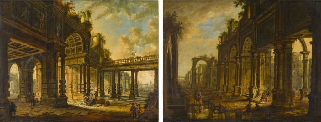 View full screen - View 1 of Lot 117. CHRISTIAN STÖCKLIN | ARCHITECTURAL PALACE CAPRICCIO WITH FIGURES CONVERSING; ARCHITECTURAL RUINS WITH FIGURES BESIDE A FOUNTAIN.